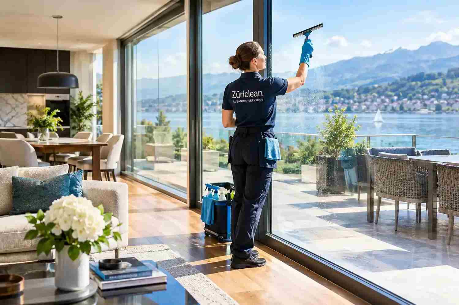 Professionelle Reinigung in Meilen: Reinigungskraft pflegt grosse Glasflächen in einer hochwertigen Wohnung mit Seesicht.