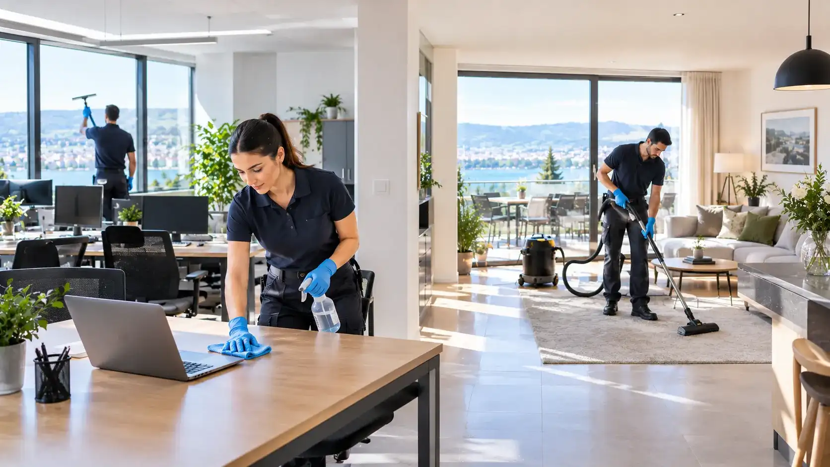 Professionelle Büro- und Wohnungsreinigung in Volketswil mit Reinigungskraft am Schreibtisch und Staubsauger im Wohnbereich